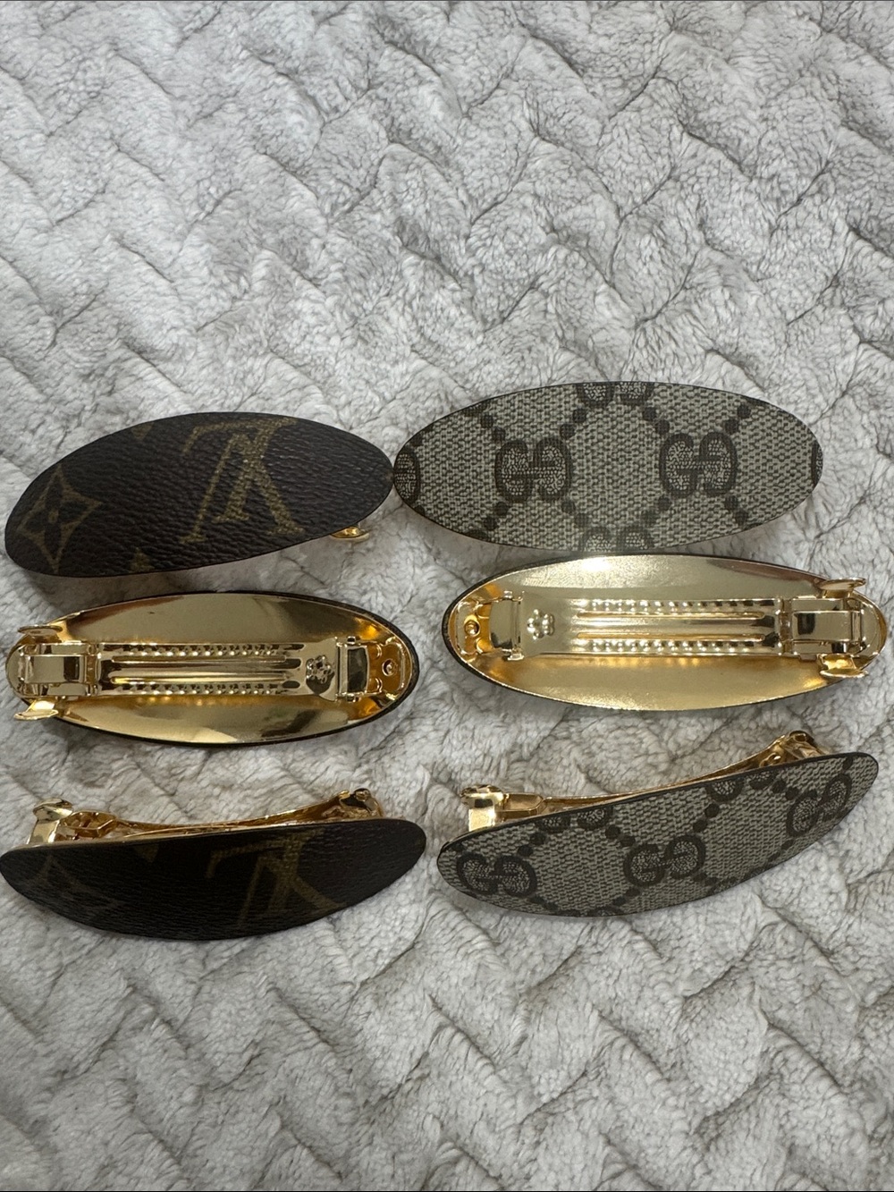 Designer Monogram Leather Hair Barrette Clip - Brown/Beige